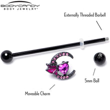 Load image into Gallery viewer, 14G Pink Gem Black Moon Heart Butterfly Industrial Barbell 38mm

