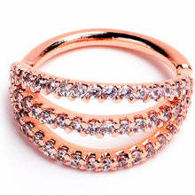 Load image into Gallery viewer, 16G 3/8 Clear CZ Gem Rose Gold Tone Faux Triple Hoop Closure Ring
