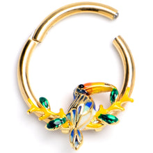 Load image into Gallery viewer, 16G 3/8 Green Gem Gold Tone Tropical Toucan Hinged Segment Ring
