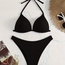 将图片加载到图库查看器，Bikini Rib Knit Solid Color Triangle 2 Piece Swimsuit for Women – Adjustable Tie Back Halter Bikini Set with Spaghetti Straps – High Stretch Polyester Swimwear for Summer Beachwear Poolside Relaxation and Tropical Vacation
