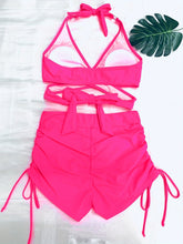 Load image into Gallery viewer, Coastal Curve Halter Bikini Set for Women – V-Neck Crisscross Drawstring Swimsuit with Chic Ring Detail &amp; High-Waisted Boxer Shorts for Summer – Sleek Two-Piece Nylon Swimwear for Women’s Beach &amp; Poolside Style
