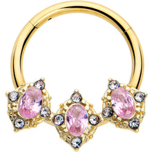 Load image into Gallery viewer, 16G 3/8 Pink Tourmaline Gold Tone Wondrous Trio Hinged Segment Ring
