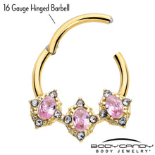 Load image into Gallery viewer, 16G 3/8 Pink Tourmaline Gold Tone Wondrous Trio Hinged Segment Ring
