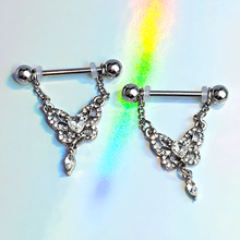 将图片加载到图库查看器，14G 9/16 Clear Gem Whimsical Butterfly Dangle Nipple Ring Set
