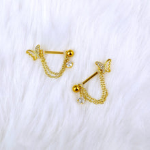 Load image into Gallery viewer, 14G 9/16 Clear Gem Gold Tone Butterfly White Dangle Nipple Ring Set
