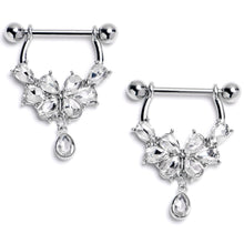 Load image into Gallery viewer, 14G 9/16 Clear Gem Baroque Flower Bloom Dangle Nipple Ring Set
