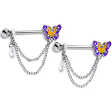 将图片加载到图库查看器，14G 9/16 Clear Gem Purple Yellow Butterfly Dangle Nipple Ring Set
