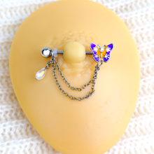 将图片加载到图库查看器，14G 9/16 Clear Gem Purple Yellow Butterfly Dangle Nipple Ring Set
