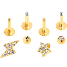 Load image into Gallery viewer, 16G 1/4 Clear CZ Gem Gold Tone Bling Star Labret Tragus Curation Set of 4
