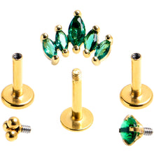 Load image into Gallery viewer, 16G 1/4 Green CZ Gem Gold Tone Royal Glam Labret Tragus Set of 3
