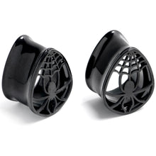 Load image into Gallery viewer, Black Spider Web Double Flare Teardrop Tunnel Plug Set Sizes 8mm to 16mm
