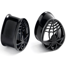 Load image into Gallery viewer, Black Spider Web Double Flare Teardrop Tunnel Plug Set Sizes 8mm to 16mm
