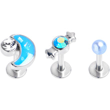 Load image into Gallery viewer, 16G 1/4 Clear Aurora CZ Gem Moon Candy Labret Tragus Curation Set of 3
