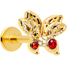 Load image into Gallery viewer, 16G Red CZ Gem Gold Tone Drama Butterfly Flat Back Earring
