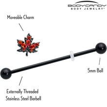 Load image into Gallery viewer, 14G Orange CZ Gem Black Autumn Leaf Industrial Barbell 38mm

