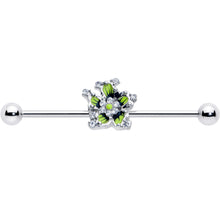 Load image into Gallery viewer, 14G Clear CZ Gem Go Green Flower Industrial Barbell 38mm
