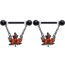 Load image into Gallery viewer, 14G 9/16 Orange CZ Gem Black Autumn Leaf Dangle Nipple Ring Set
