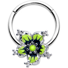 Load image into Gallery viewer, 16G 3/8 Clear CZ Gem Go Green Flower Hinged Segment Ring
