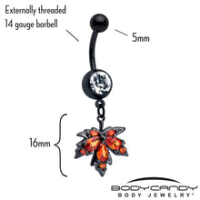 将图片加载到图库查看器，Orange CZ Gem Black Autumn Leaf Dangle Belly Ring

