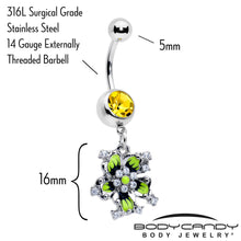 Load image into Gallery viewer, Clear Yellow CZ Gem Go Green Flower Dangle Belly Ring
