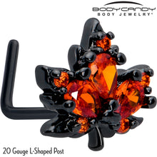 Load image into Gallery viewer, 20G 7mm Orange CZ Gem Black Autumn Leaf L Shape Nose Ring
