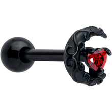 将图片加载到图库查看器，Red CZ Gem Black Scroll Moon Heart Barbell Tongue Ring
