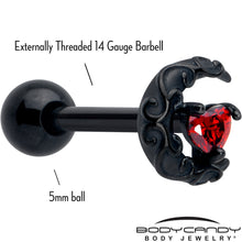 将图片加载到图库查看器，Red CZ Gem Black Scroll Moon Heart Barbell Tongue Ring
