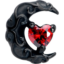 将图片加载到图库查看器，Red CZ Gem Black Scroll Moon Heart Barbell Tongue Ring
