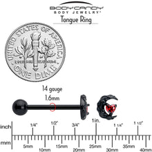 将图片加载到图库查看器，Red CZ Gem Black Scroll Moon Heart Barbell Tongue Ring
