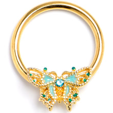 Load image into Gallery viewer, 16G 3/8 Blue Gem Gold Tone Rococo Butterfly BCR Captive Ring
