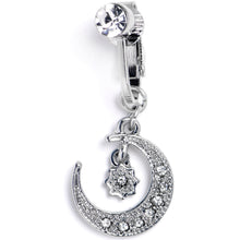 Load image into Gallery viewer, Clear CZ Gem Moon and Star Dangle Clip on Fake Belly Ring
