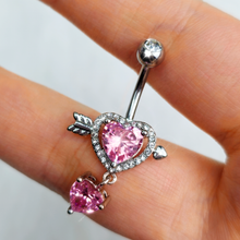 Load image into Gallery viewer, Pink Clear Gem Fusion of Love Heart Arrow Dangle Belly Ring
