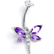 将图片加载到图库查看器，Clear Purple CZ Gem Internally Threaded Dragonfly Style Belly Ring
