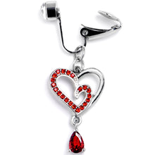 Load image into Gallery viewer, Red CZ Gem Asymmetrical Heart Dangle Clip On Fake Belly Ring

