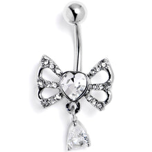 将图片加载到图库查看器，Clear CZ Gem Heart In A Bow Dangle Belly Ring

