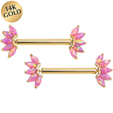 Load image into Gallery viewer, 14G 9/16 Solid 14k Yellow Gold Synthetic Opal Floral Push In Threadless Nipple Ring Set
