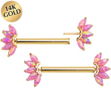 Load image into Gallery viewer, 14G 9/16 Solid 14k Yellow Gold Synthetic Opal Floral Push In Threadless Nipple Ring Set

