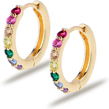 Load image into Gallery viewer, 12mm Unisex Gold Tone Rainbow Gem Stainless Steel Hinged Hoop Huggie Earrings
