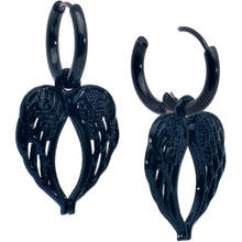 Load image into Gallery viewer, Black Anodized Steel Hinged Huggie Hoop Angel Wings Dangle Earrings
