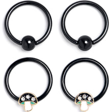 Load image into Gallery viewer, 16G 3/8 Clear Gem Black Mushroom BCR Captive Ring Set of 4
