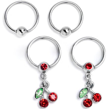 Load image into Gallery viewer, 16G 3/8 Red Green Gem Cherry Dangle BCR Captive Ring Set of 4
