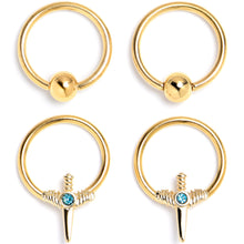 Load image into Gallery viewer, 16G 3/8 Blue Gem Gold Tone Style Knife BCR Captive Ring Set of 4

