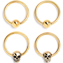 Load image into Gallery viewer, 16G 3/8 Gold Tone Gothic Skulls BCR Captive Ring Set of 4
