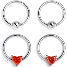 Load image into Gallery viewer, 16G 3/8 Red Gem Heart BCR Captive Ring Set of 4
