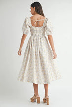 Load image into Gallery viewer, Floral Drawstring Detail Puff Sleeve Midi Dress – Romantic Floral Midi Dress, Ruched Drawstring Dress, Feminine Puff Sleeve Dress, Trendy Garden Party Dress For Summer
