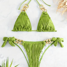 Load image into Gallery viewer, Bikini Ruched Texture Golden Chain 2 Piece Triangle Swimsuit for Women – Striped Halter Bikini Set with Bow Tie Side and Elegant Ring Link Detail – Stretchy Beachwear for Pool Bathing and Summer Vacations

