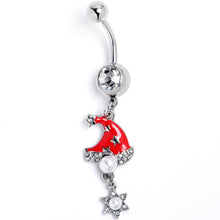 Load image into Gallery viewer, Clear Gem Santa Hat Stars Red Dangle Belly Ring
