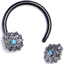 Load image into Gallery viewer, 16G 3/8 Blue Gem Black Blossom Bloom Horseshoe Circular Barbell

