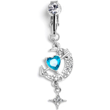 将图片加载到图库查看器，Clear Blue Gem Moon Lover Dangle Clip On Fake Belly Ring

