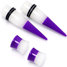 Load image into Gallery viewer, Purple White Acrylic Glow in the Dark Taper Saddle Plug Set 8mm to 16mm Sizes
